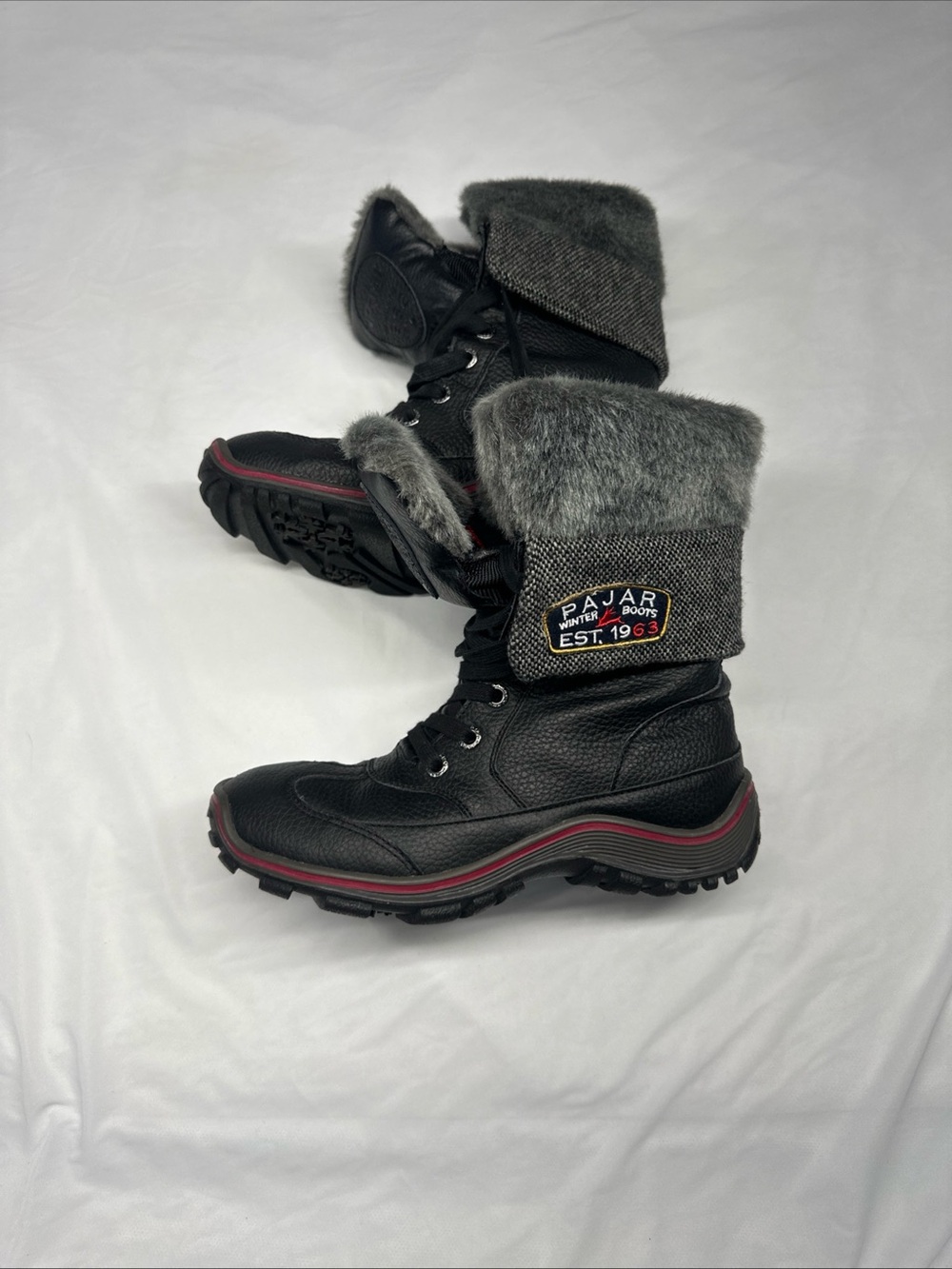 Pajar Women's Black Winter Boots with Gray Faux Fur Cuff and Red Trim